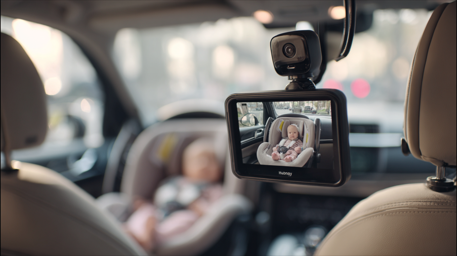 Parent checking rear-facing baby in car seat using a backseat camera monitor